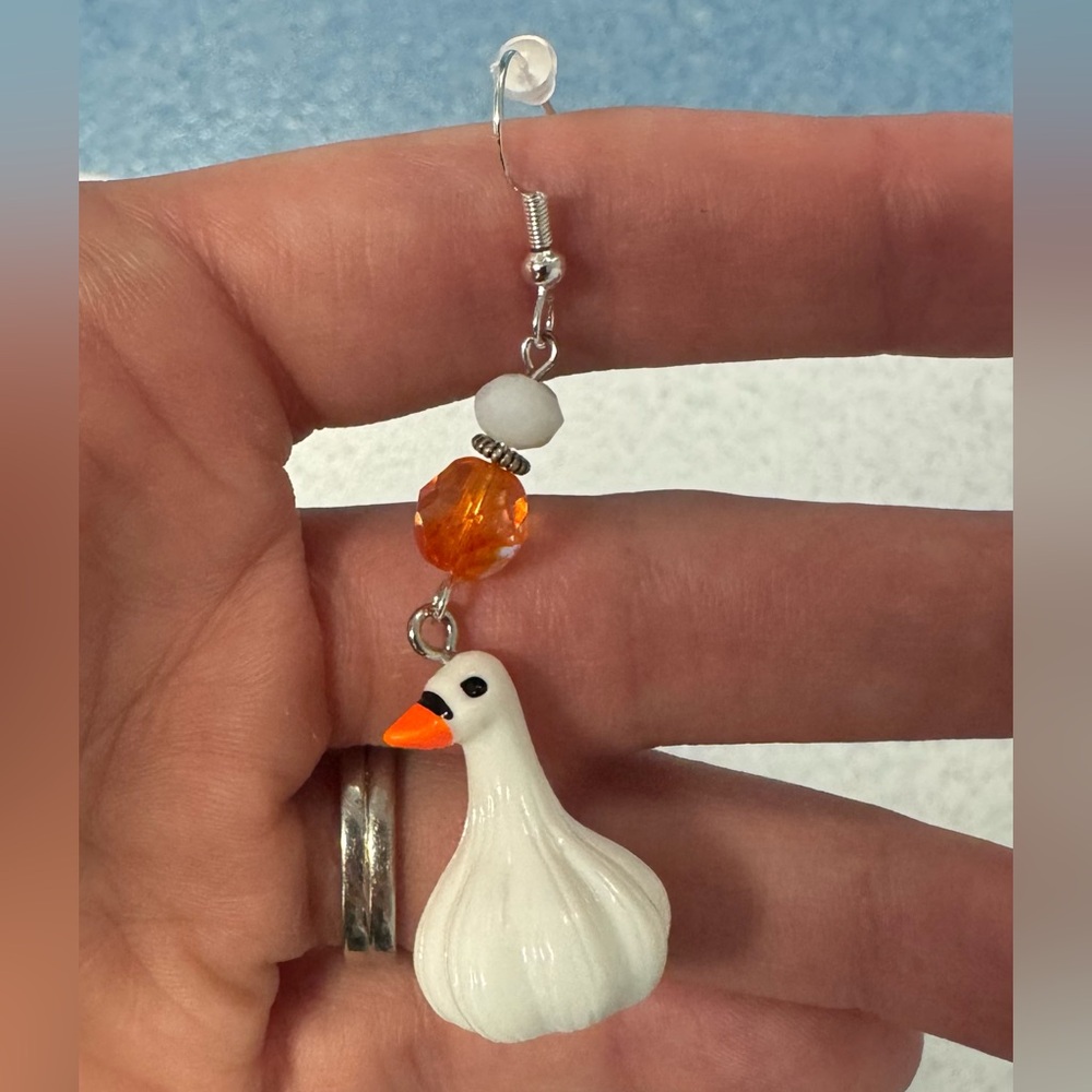 White and Orange Crystal Garlic Goose Earrings